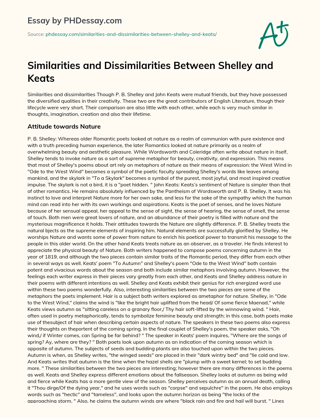 Similarities and Dissimilarities Between Shelley and Keats essay