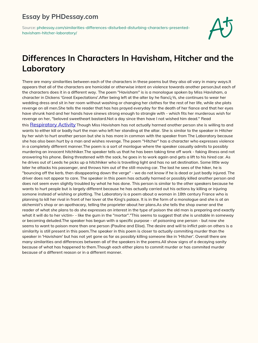Differences In Characters In Havisham, Hitcher and the Laboratory essay