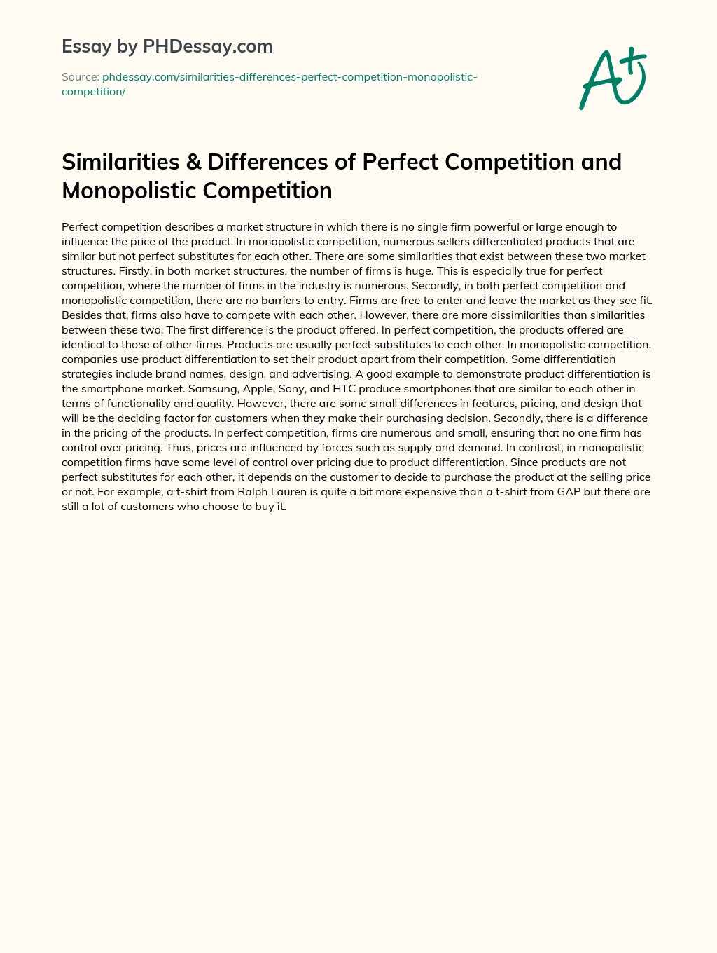 Similarities & Differences of Perfect Competition and Monopolistic Competition essay