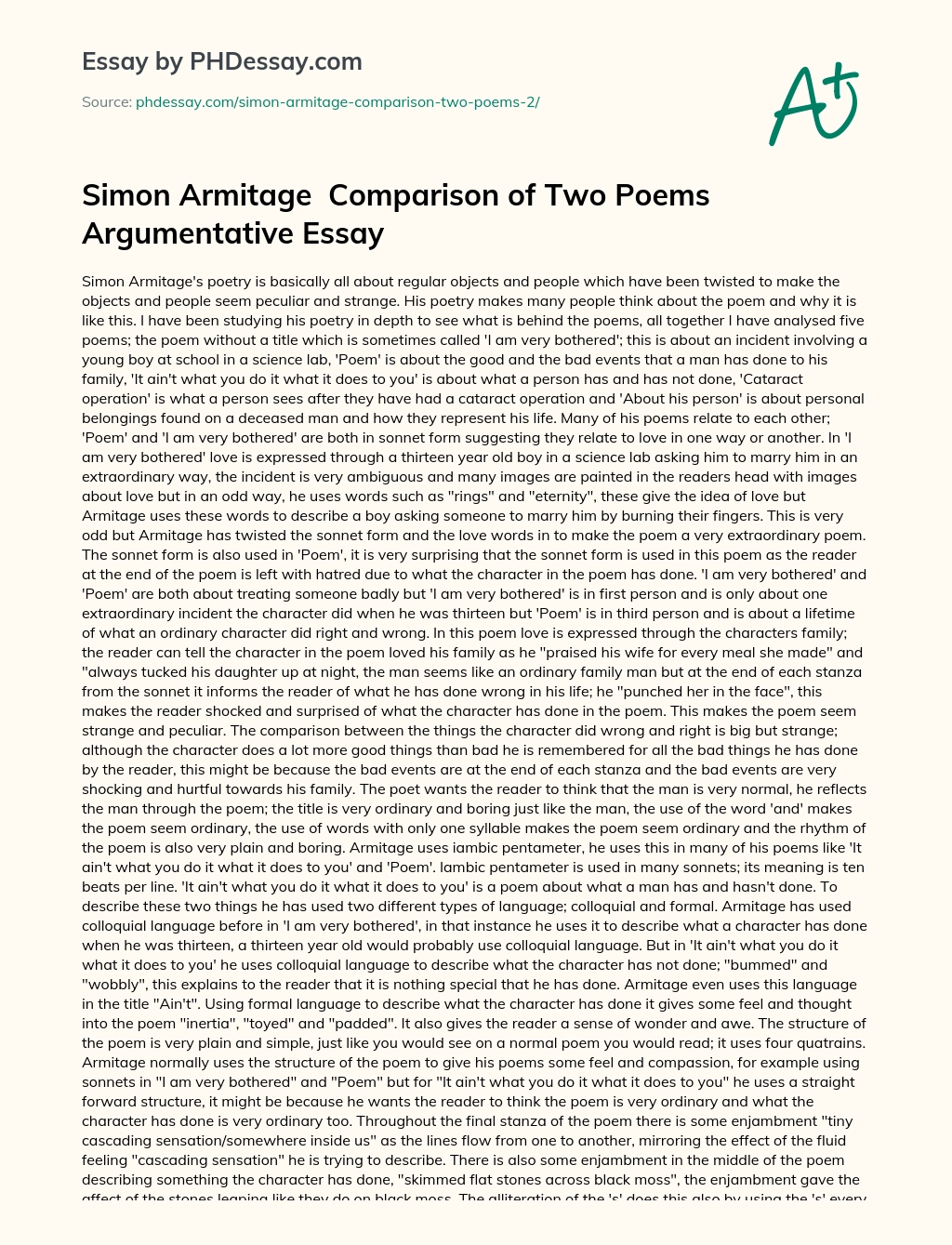 Simon Armitage  Comparison of Two Poems Argumentative Essay essay