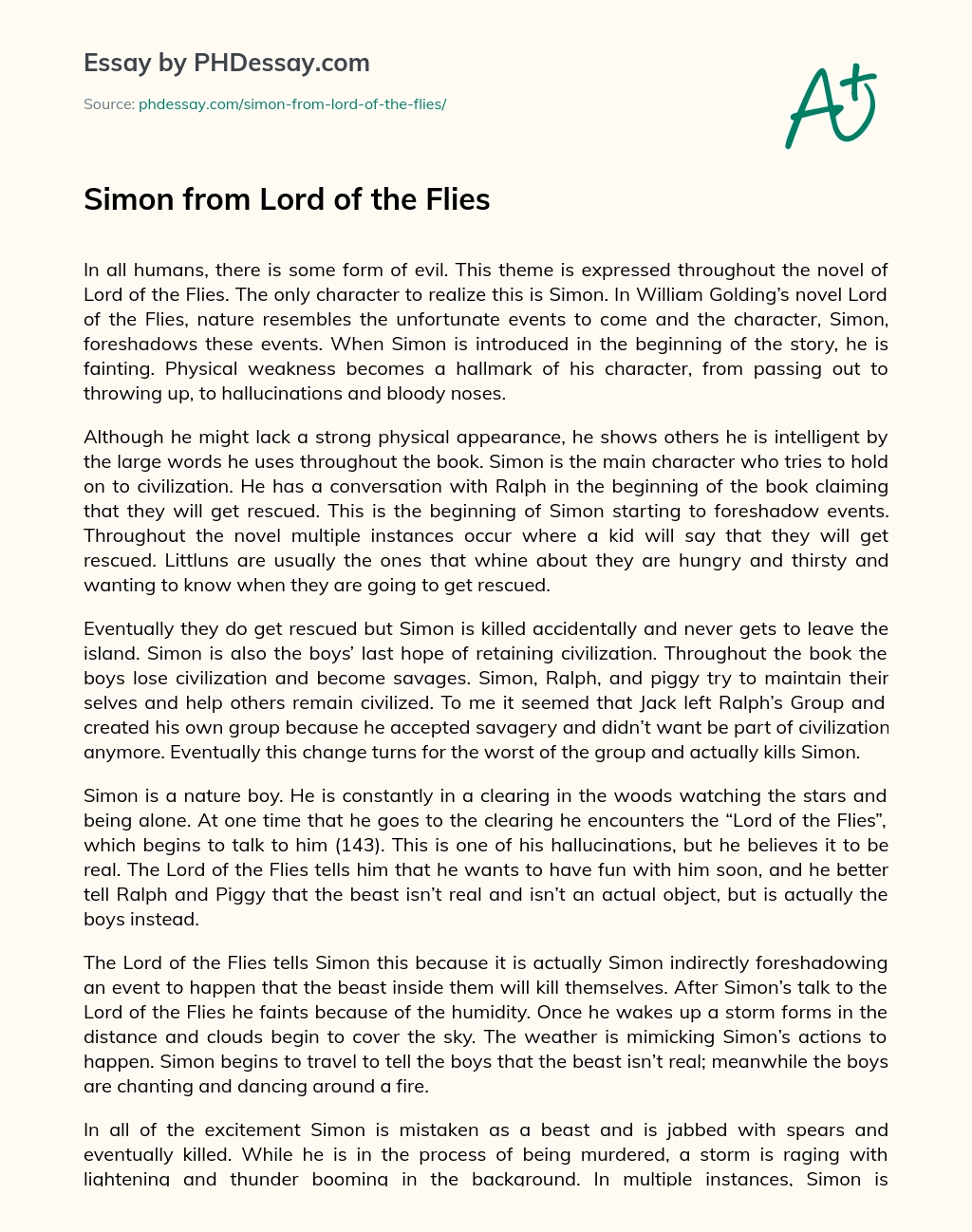 Simon from Lord of the Flies essay