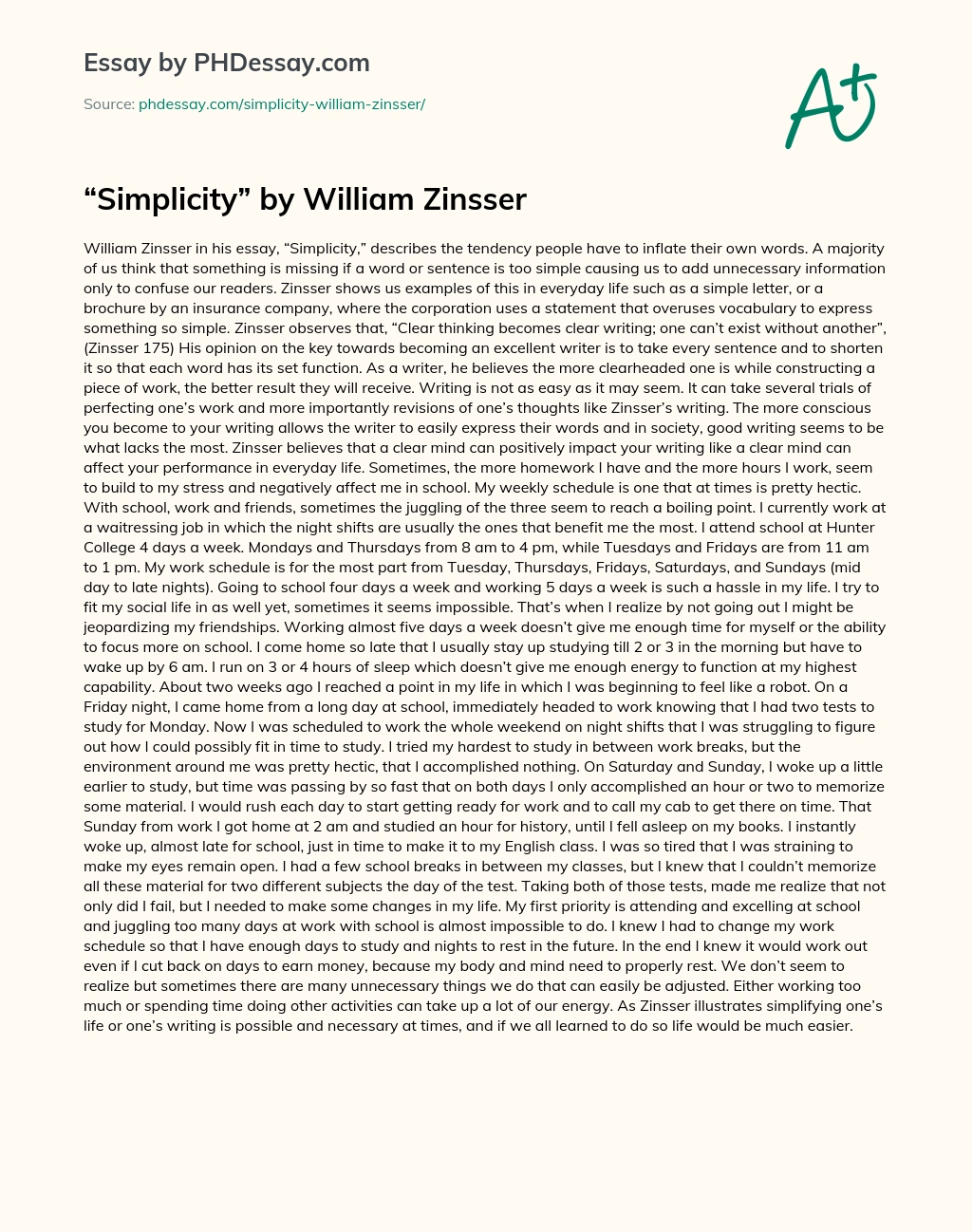 Simplicity by William Zinsser essay