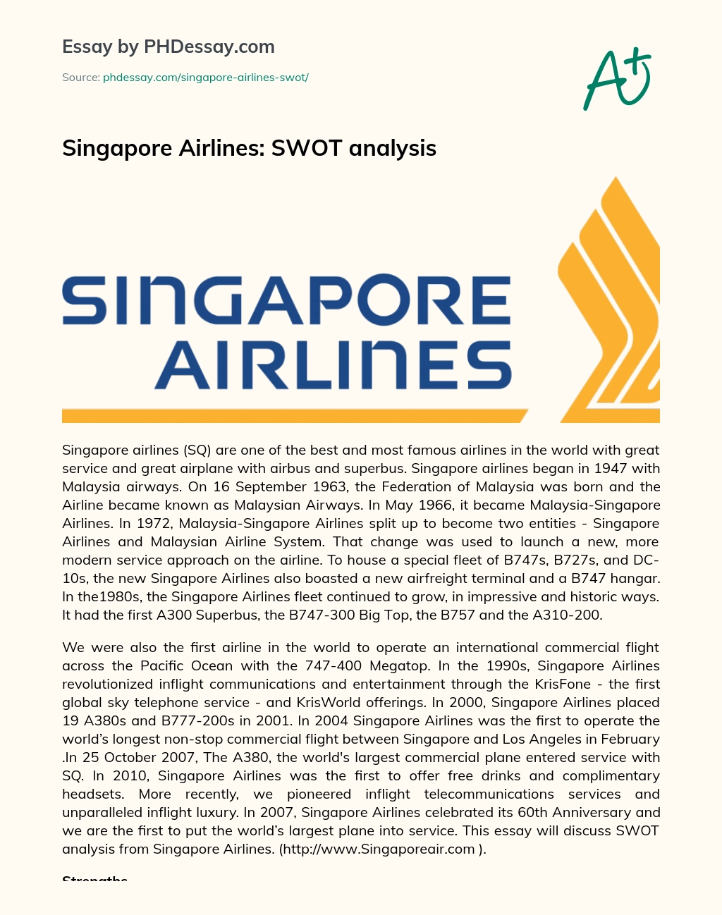 Singapore Airlines: SWOT analysis essay