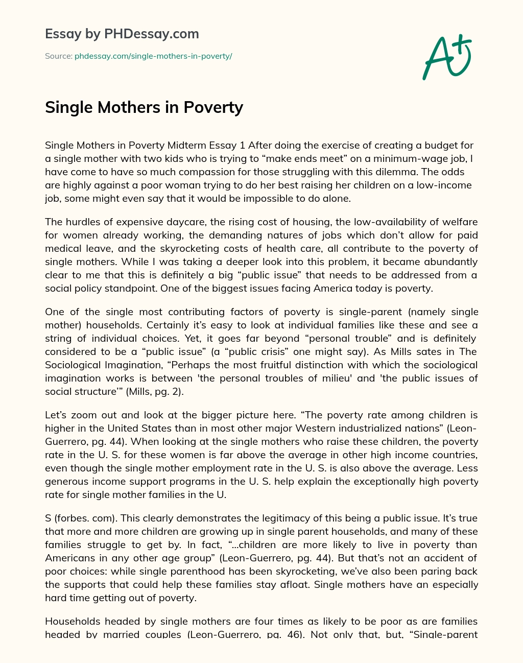 Single Mothers in Poverty essay