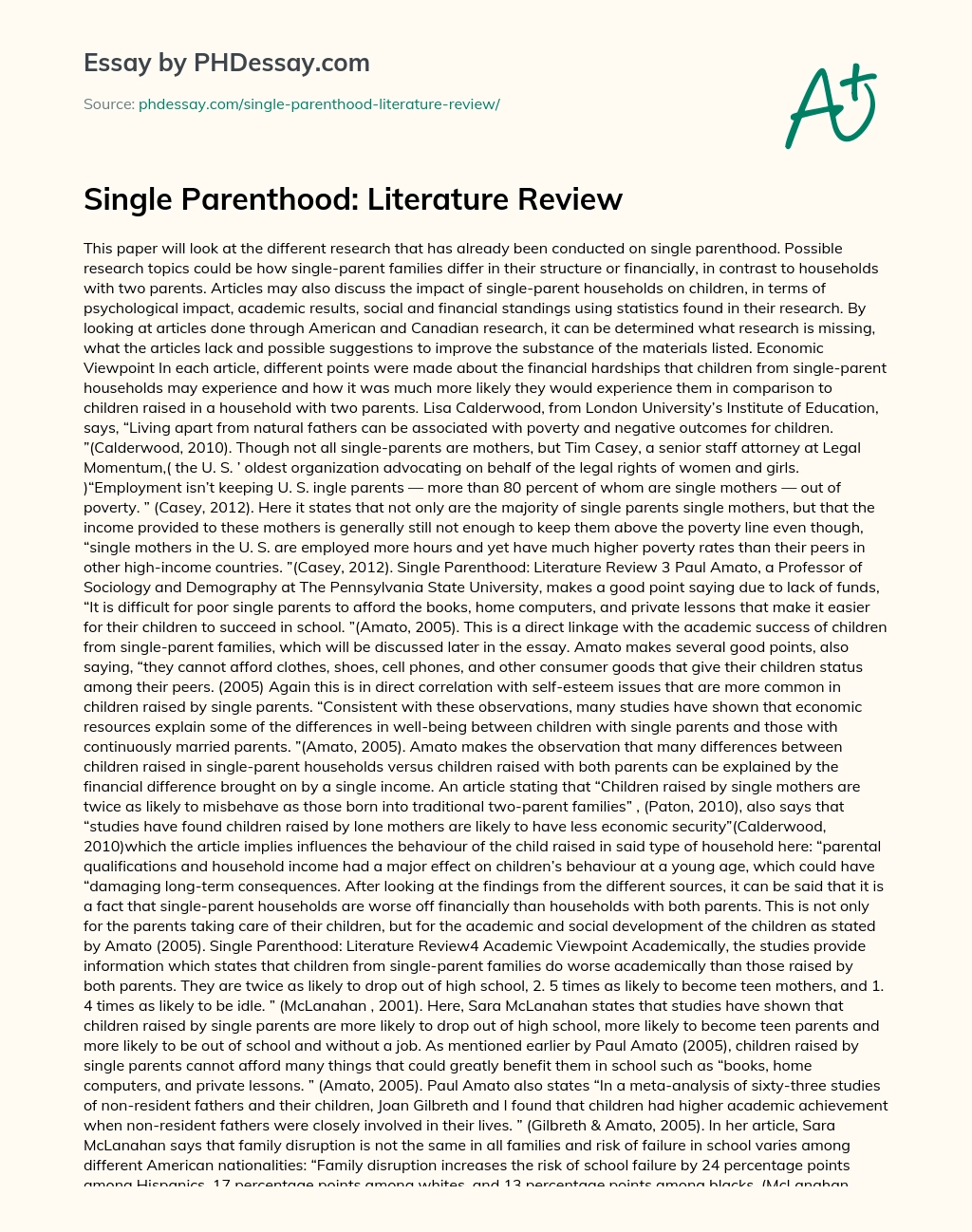 Single Parenthood: Literature Review essay