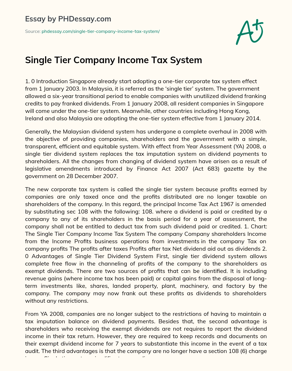 Single Tier Company Income Tax System essay