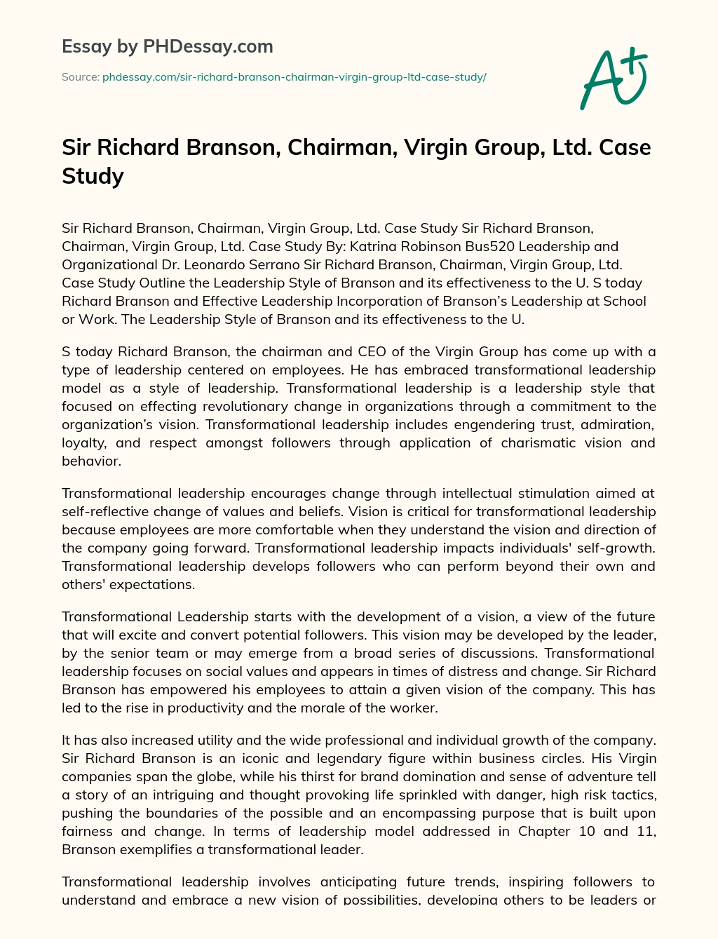 Sir Richard Branson, Chairman, Virgin Group, Ltd. Case Study essay
