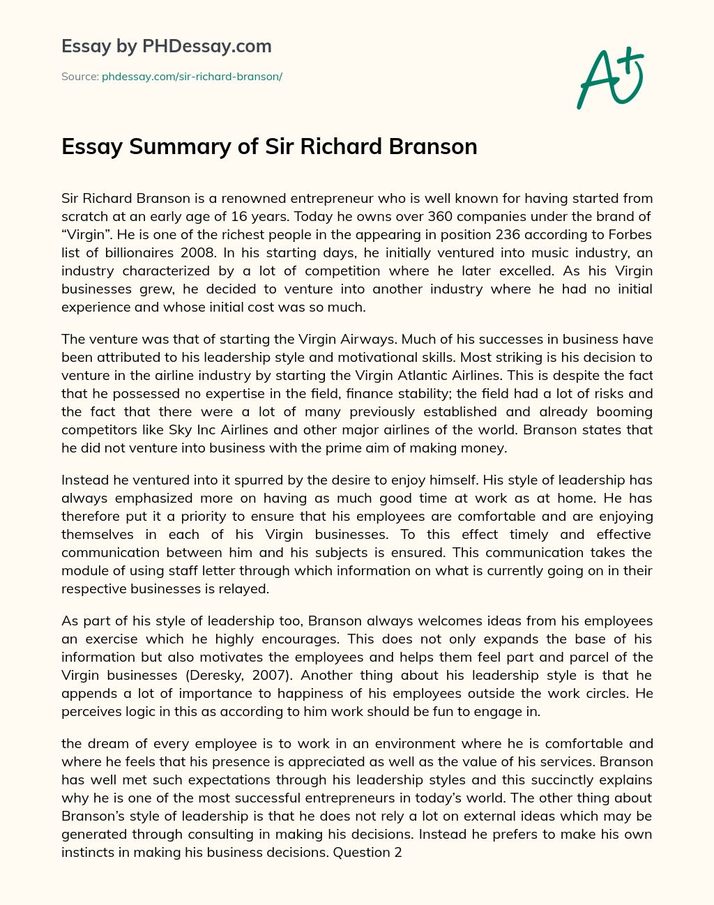 Essay Summary of Sir Richard Branson essay