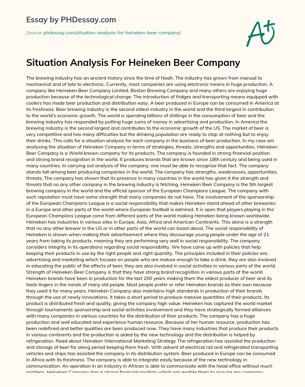Situation Analysis For Heineken Beer Company essay