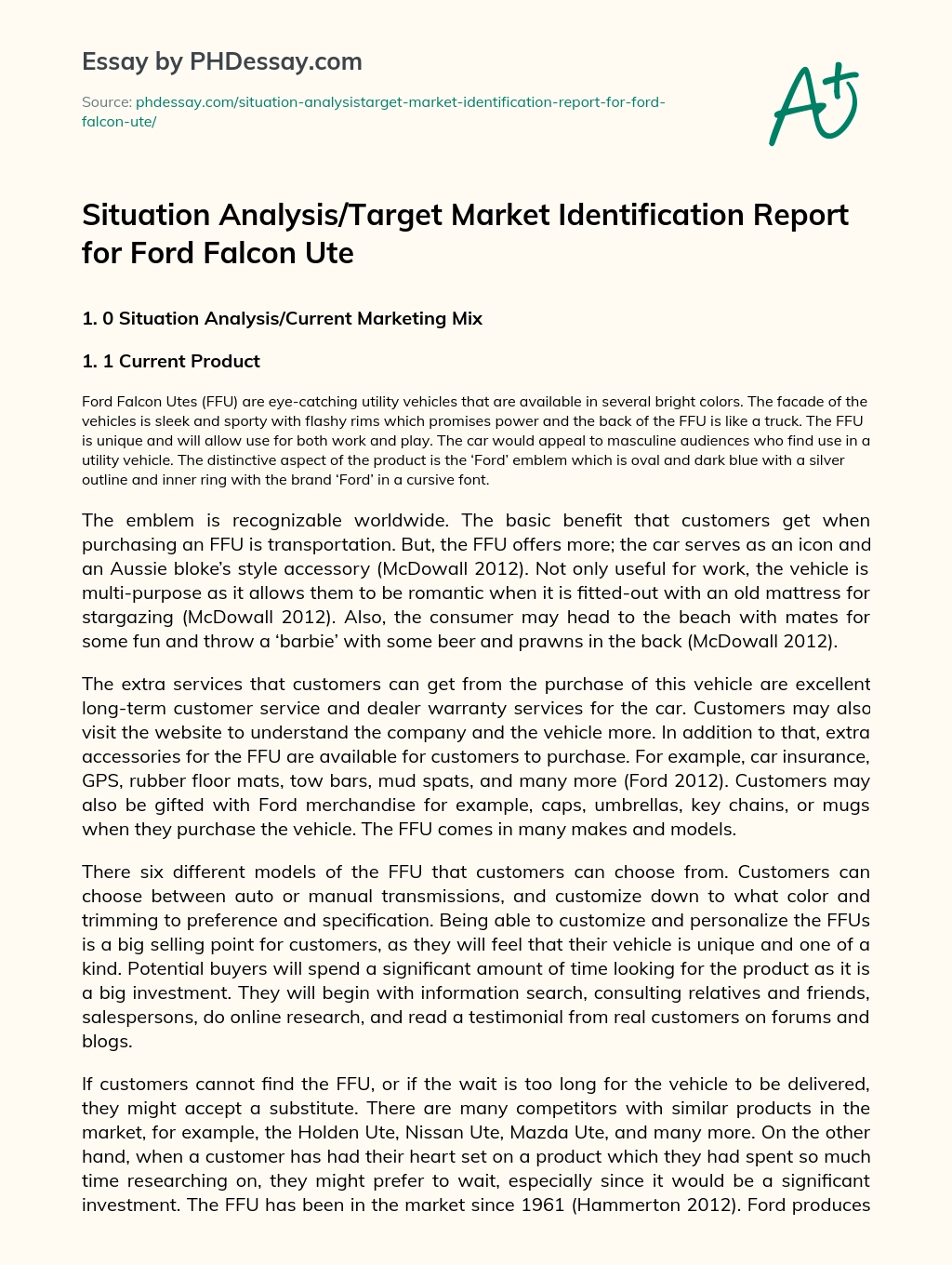 Situation Analysis/Target Market Identification Report for Ford Falcon Ute essay