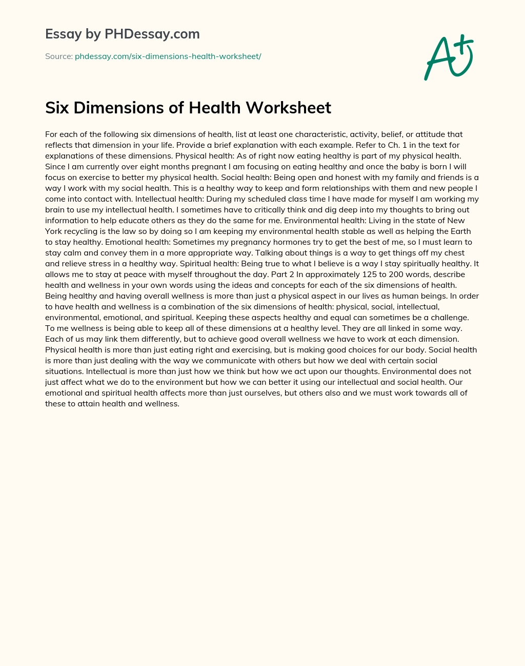 Six Dimensions of Health Worksheet essay