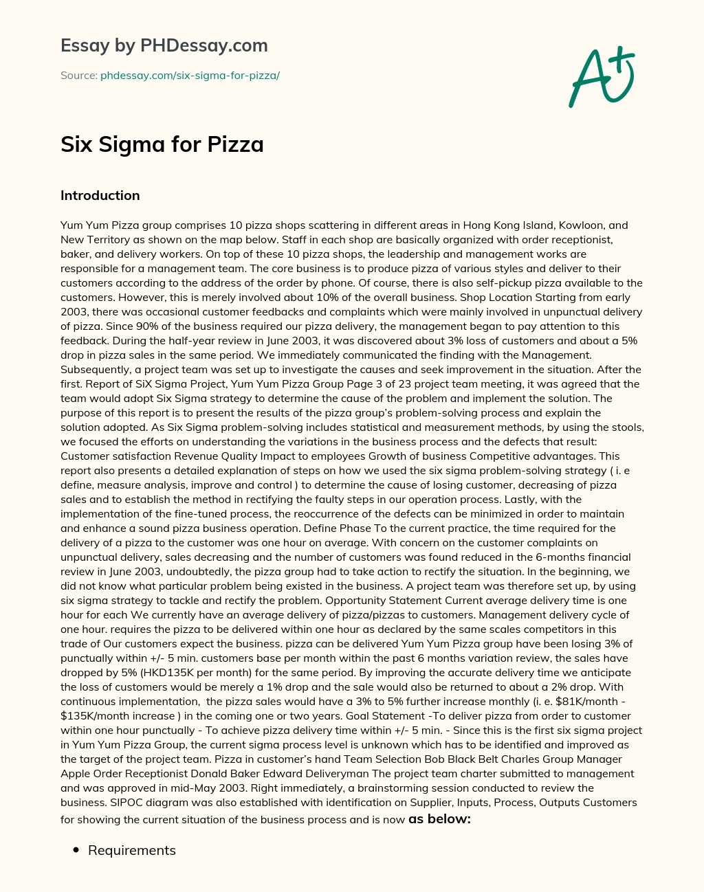Six Sigma for Pizza essay