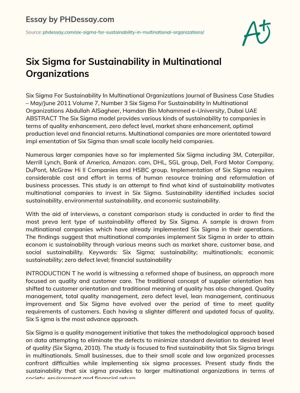 Six Sigma for Sustainability in Multinational Organizations essay