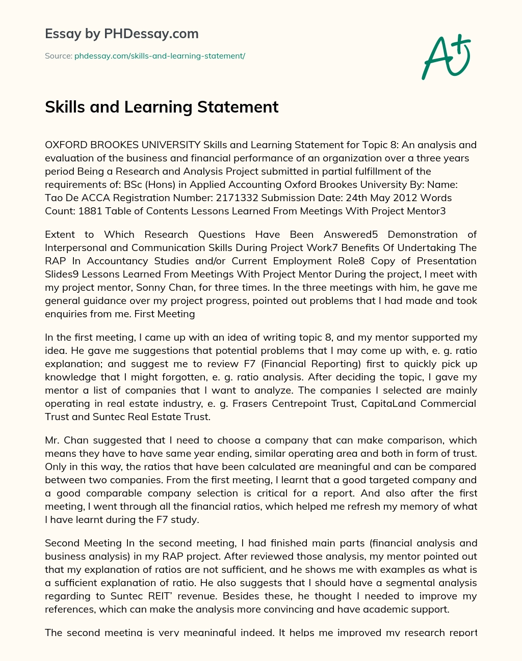 Skills and Learning Statement essay