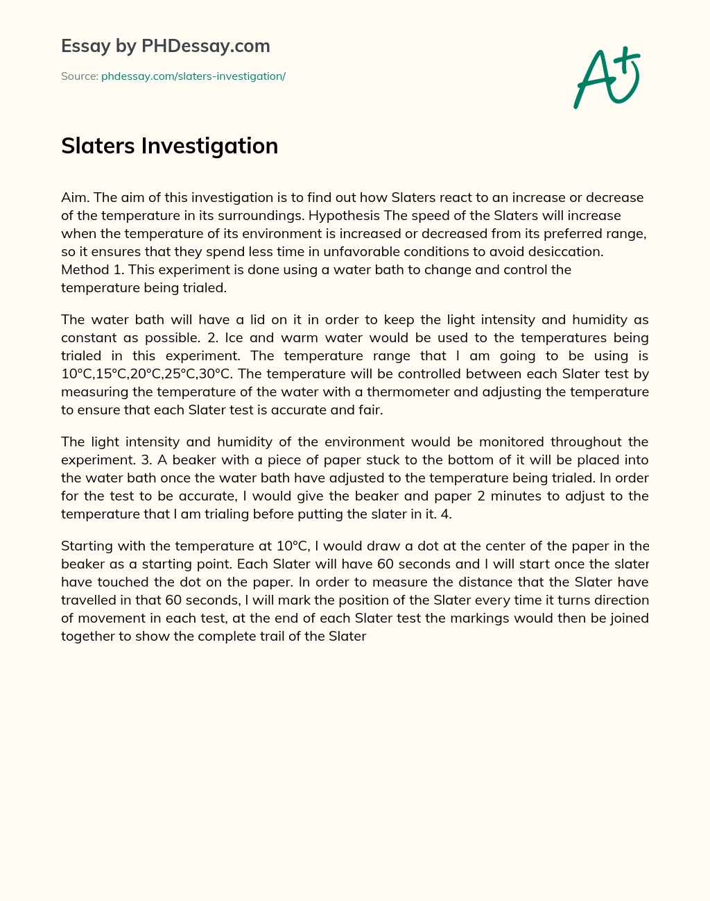 Slaters Investigation essay