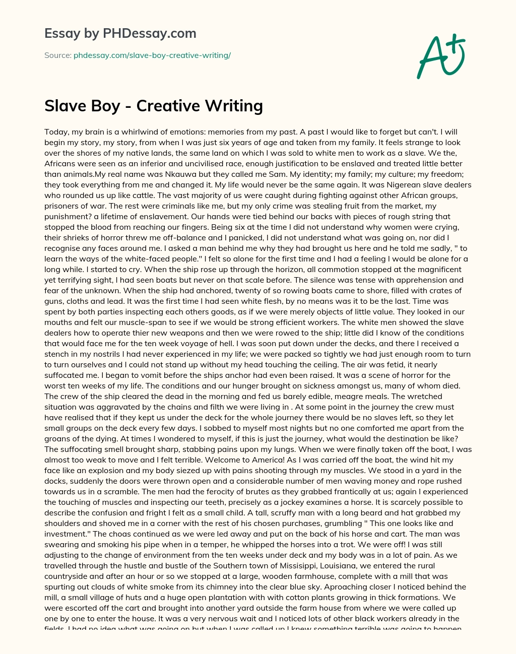 Slave Boy – Creative Writing essay
