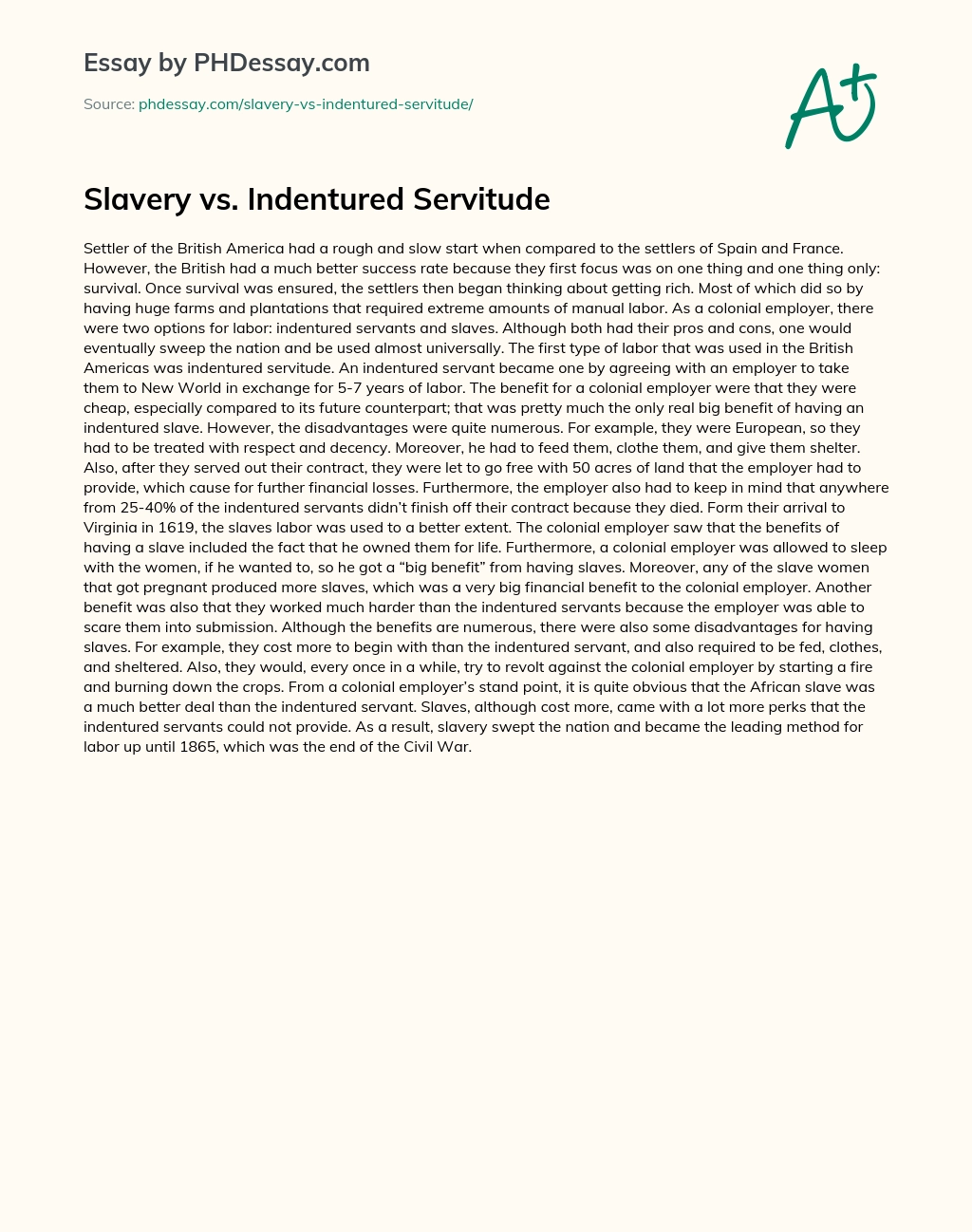 Slavery vs. Indentured Servitude essay