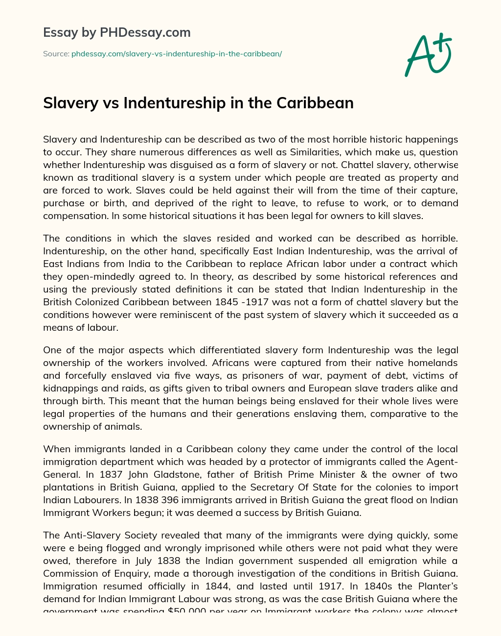 Slavery vs Indentureship in the Caribbean essay