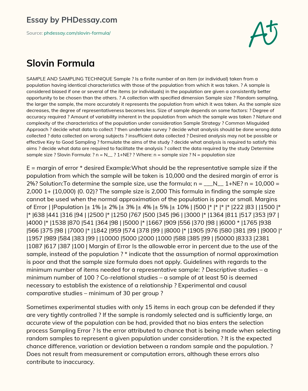 Slovin Formula essay