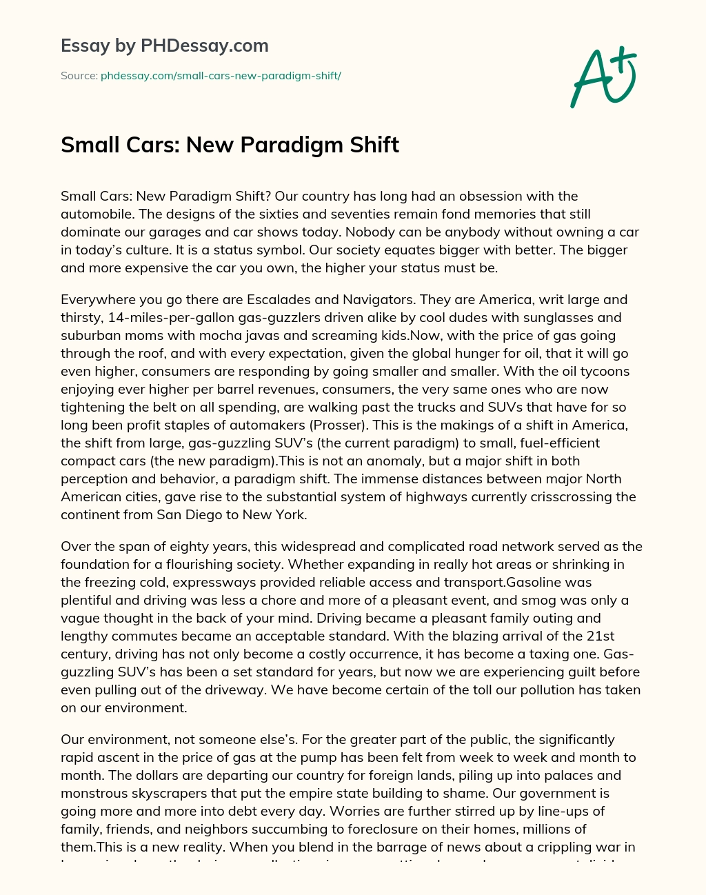 Small Cars: New Paradigm Shift essay