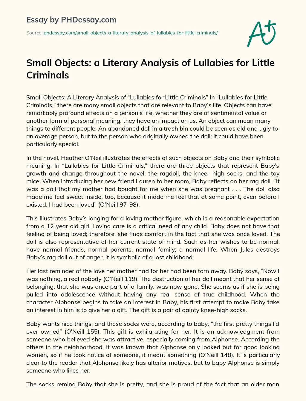 Small Objects: a Literary Analysis of Lullabies for Little Criminals essay