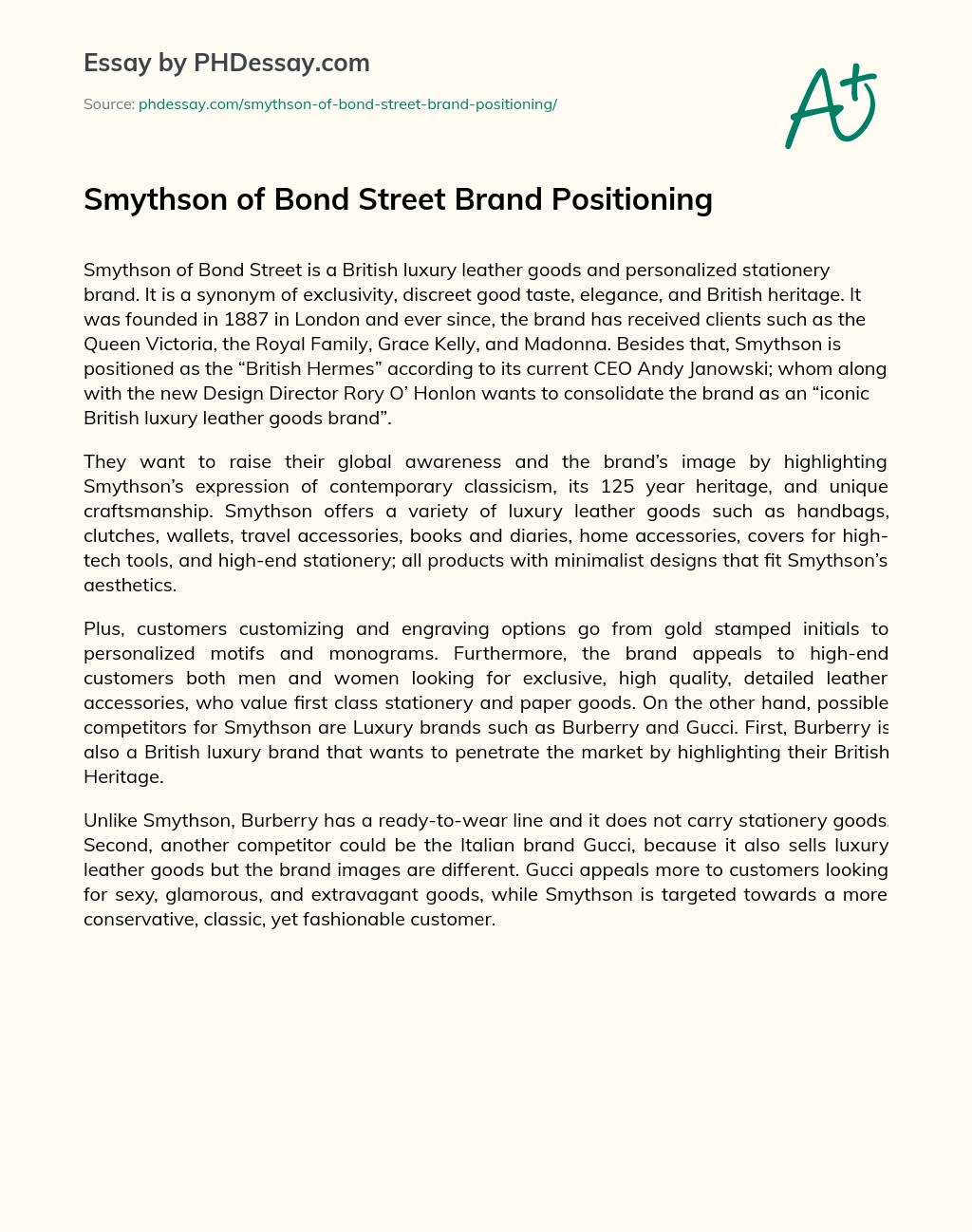 Smythson of Bond Street Brand Positioning essay