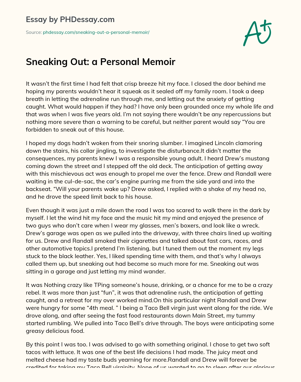 Sneaking Out: a Personal Memoir essay