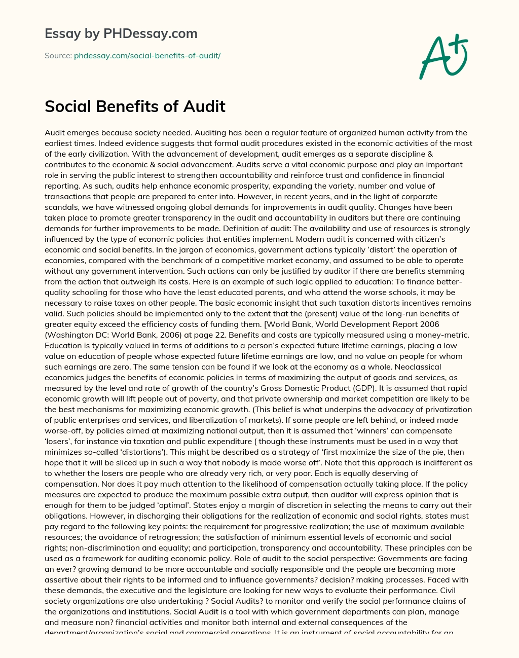 Social Benefits of Audit essay