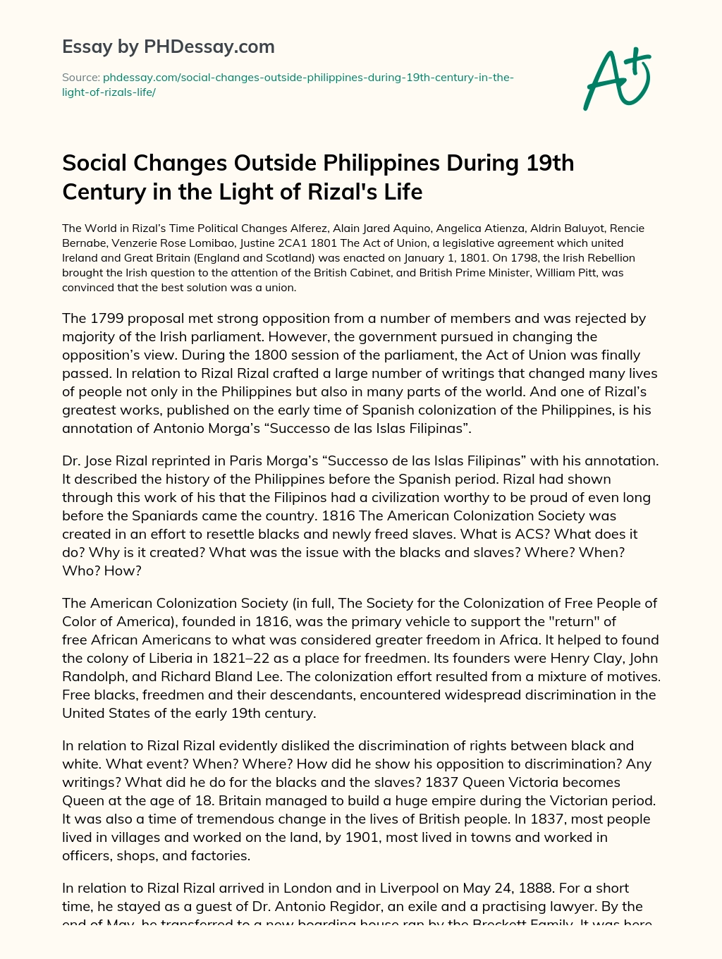 Social Changes Outside Philippines During 19th Century in the Light of Rizal’s Life essay