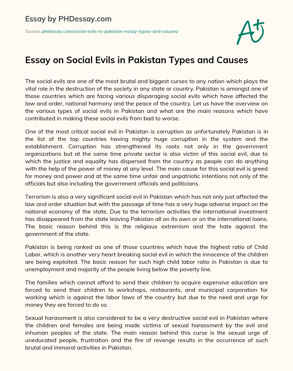 Essay on Social Evils in Pakistan Types and Causes essay