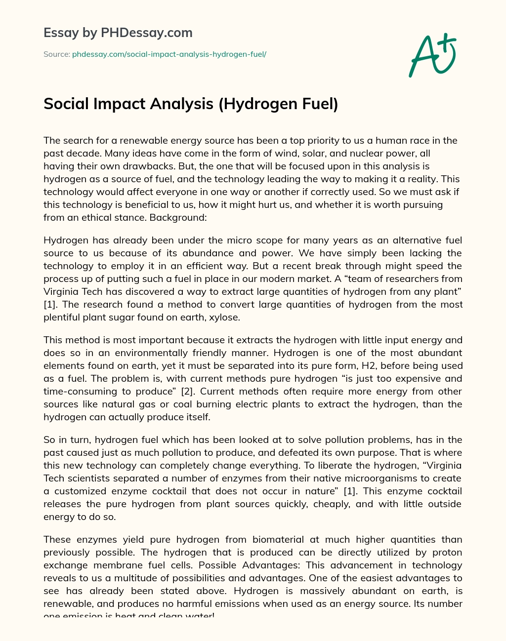 Social Impact Analysis (Hydrogen Fuel) essay