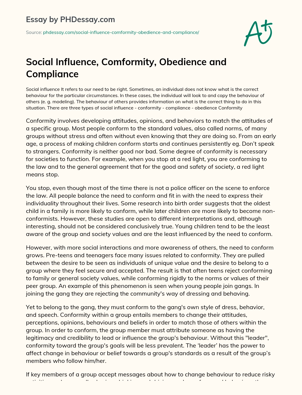 Social Influence, Comformity, Obedience and Compliance essay