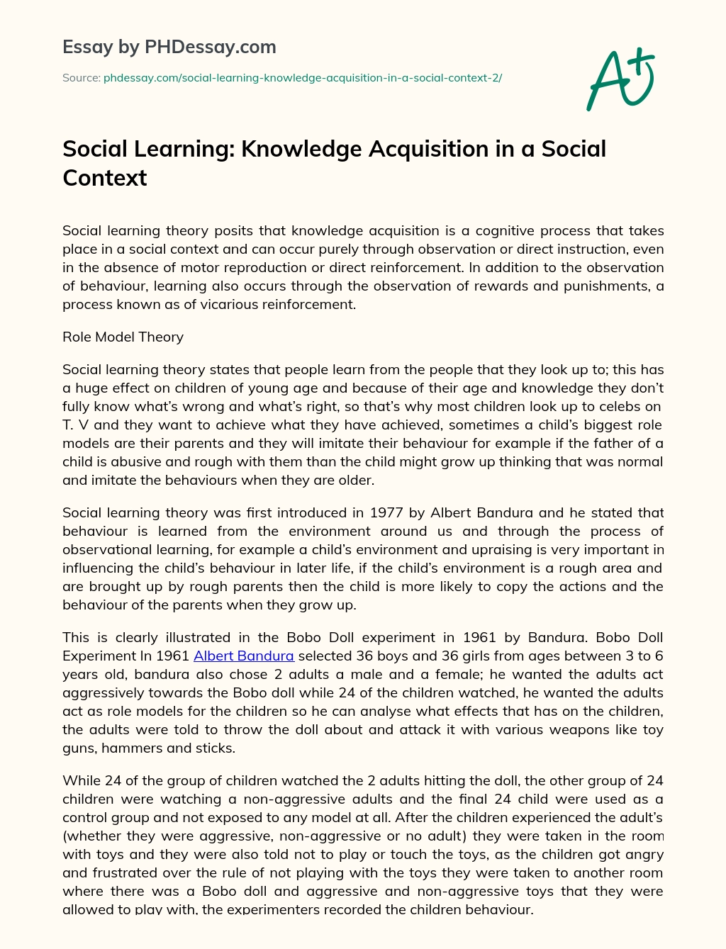 Social Learning: Knowledge Acquisition in a Social Context essay