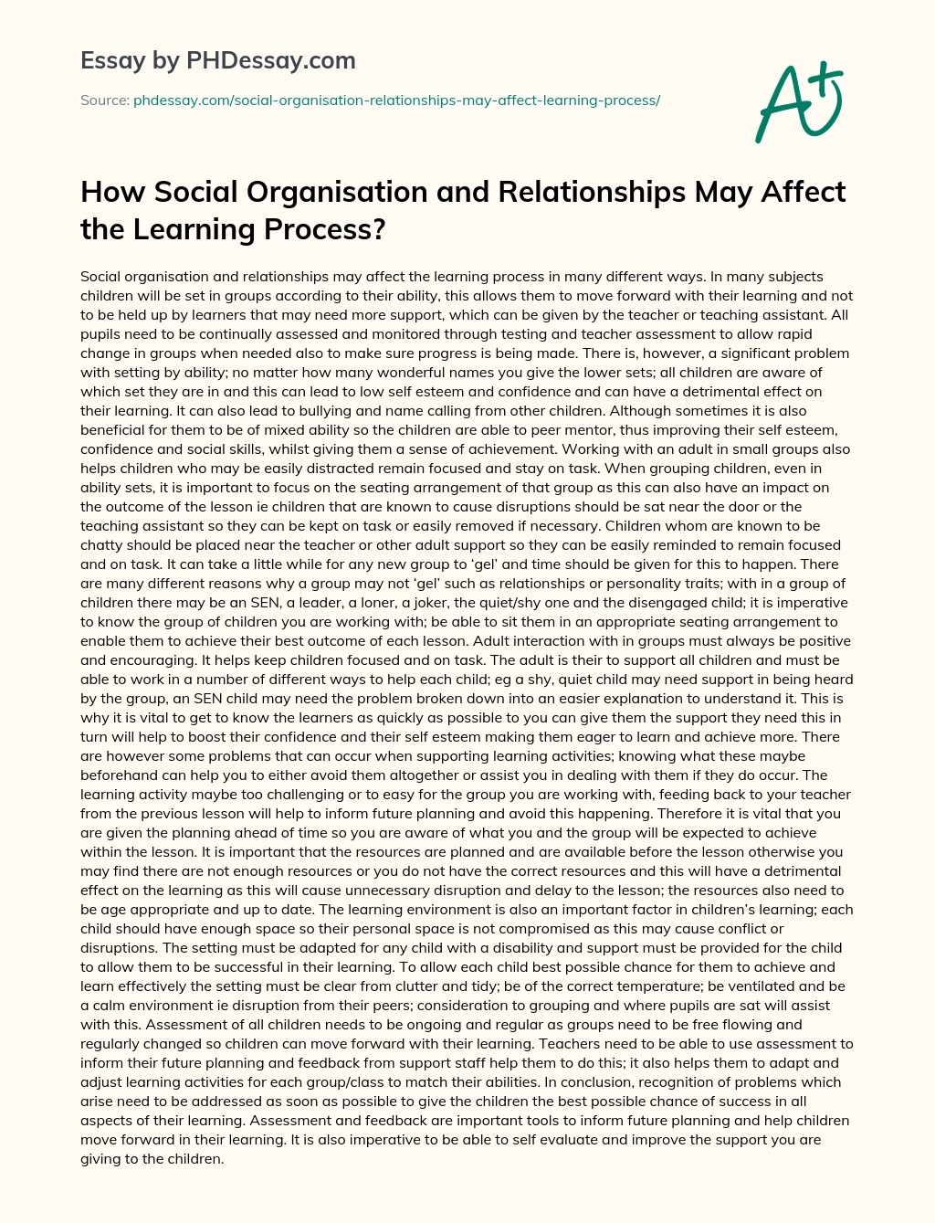 How Social Organisation and Relationships May Affect the Learning Process? essay