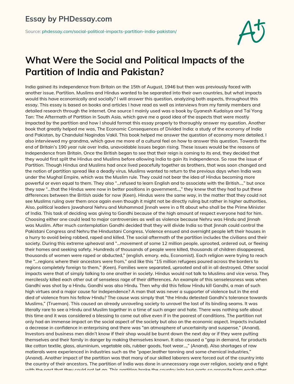 What Were the Social and Political Impacts of the Partition of India and Pakistan? essay