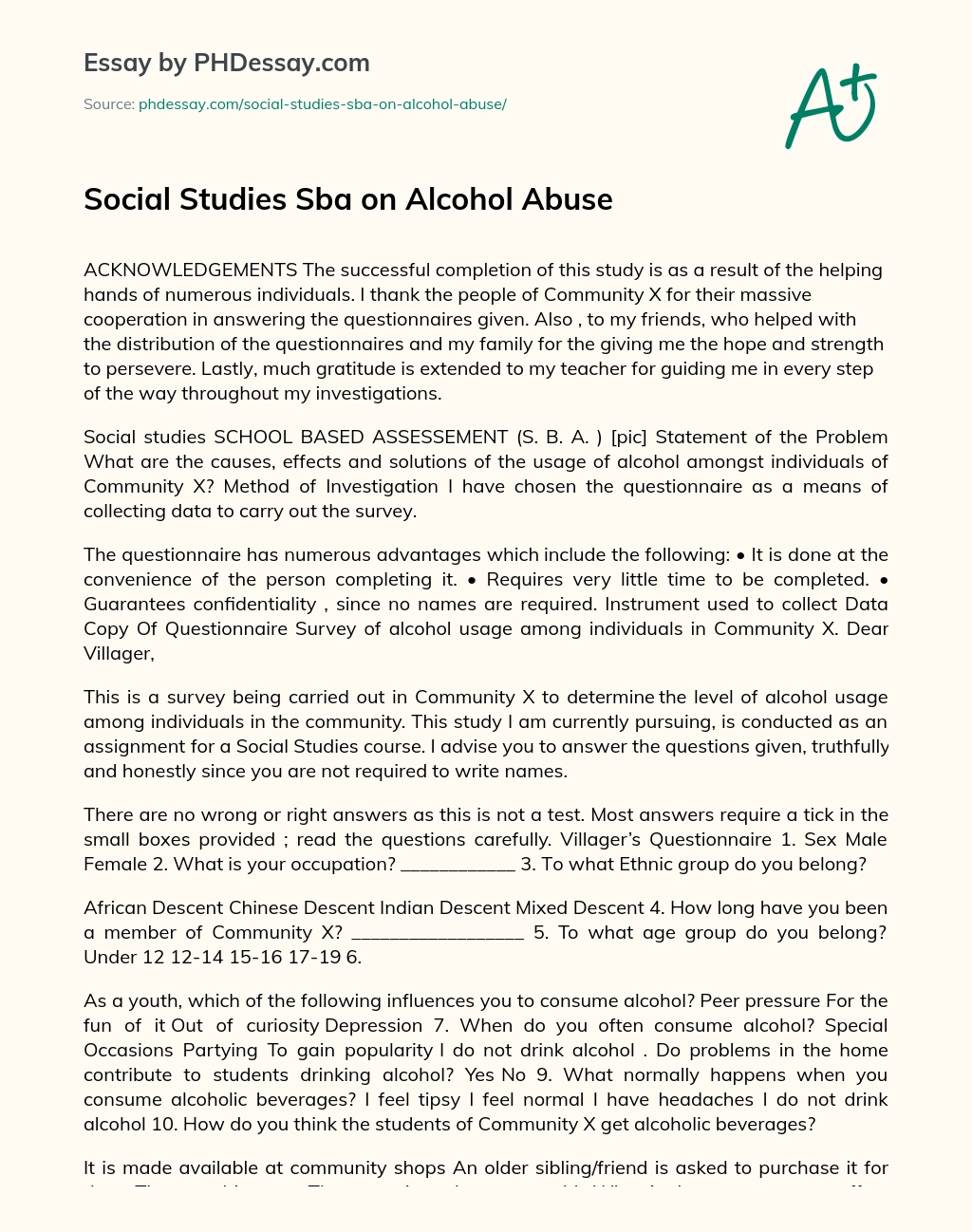 Social Studies Sba on Alcohol Abuse essay