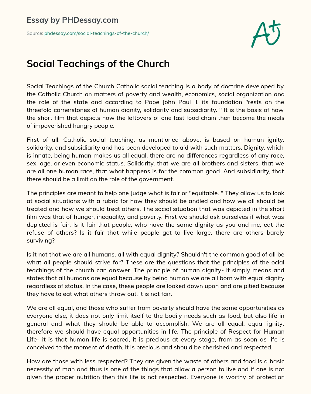 Social Teachings of the Church essay