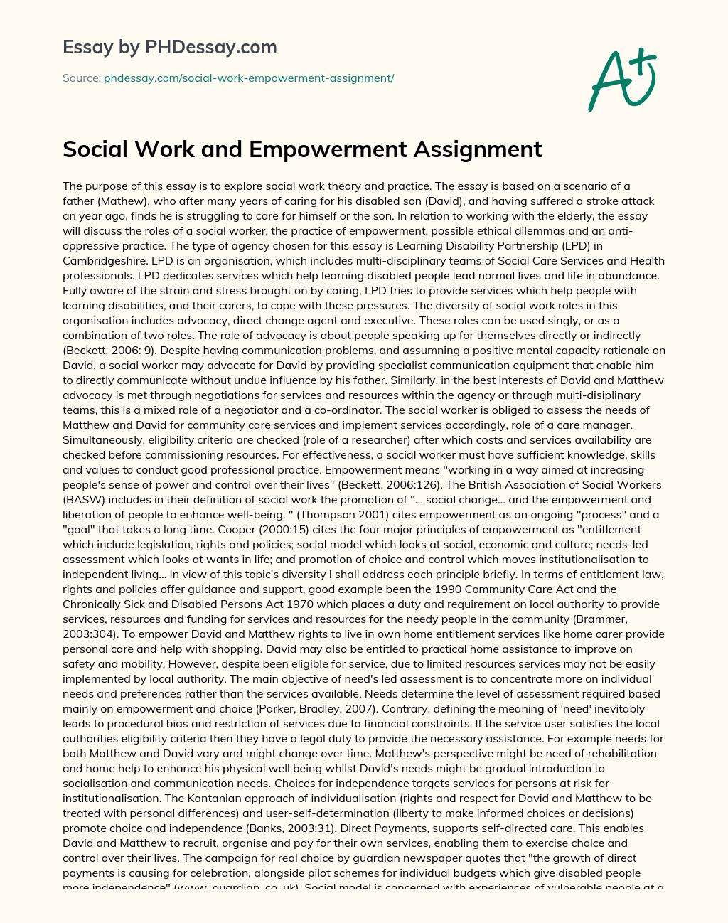Social Work and Empowerment Assignment essay