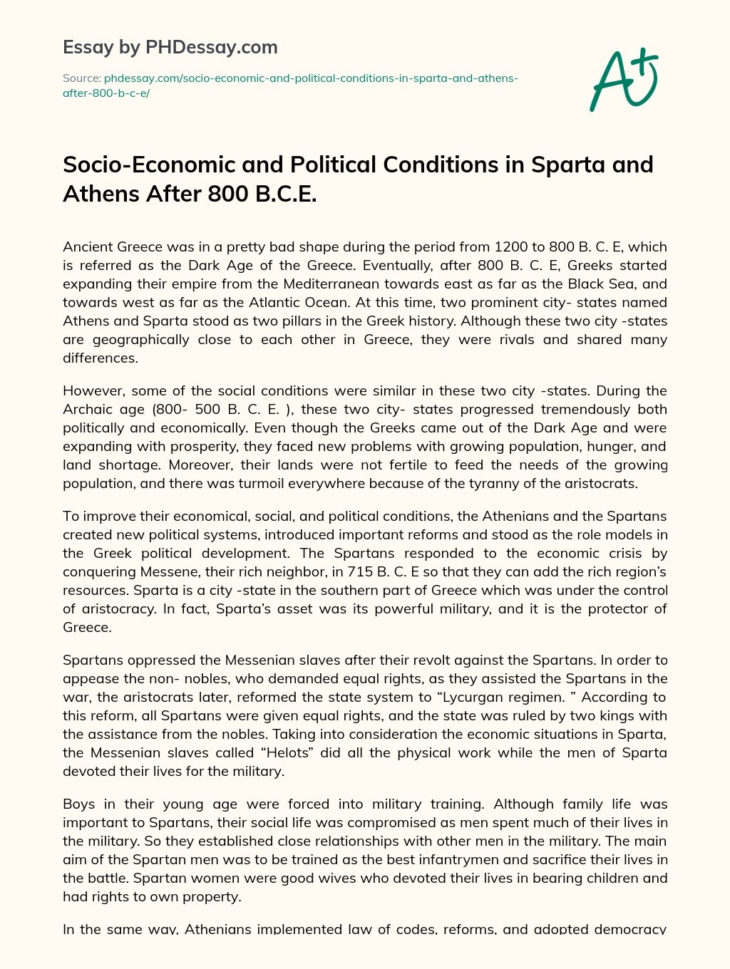 Socio-Economic and Political Conditions in Sparta and Athens After 800 B.C.E. essay