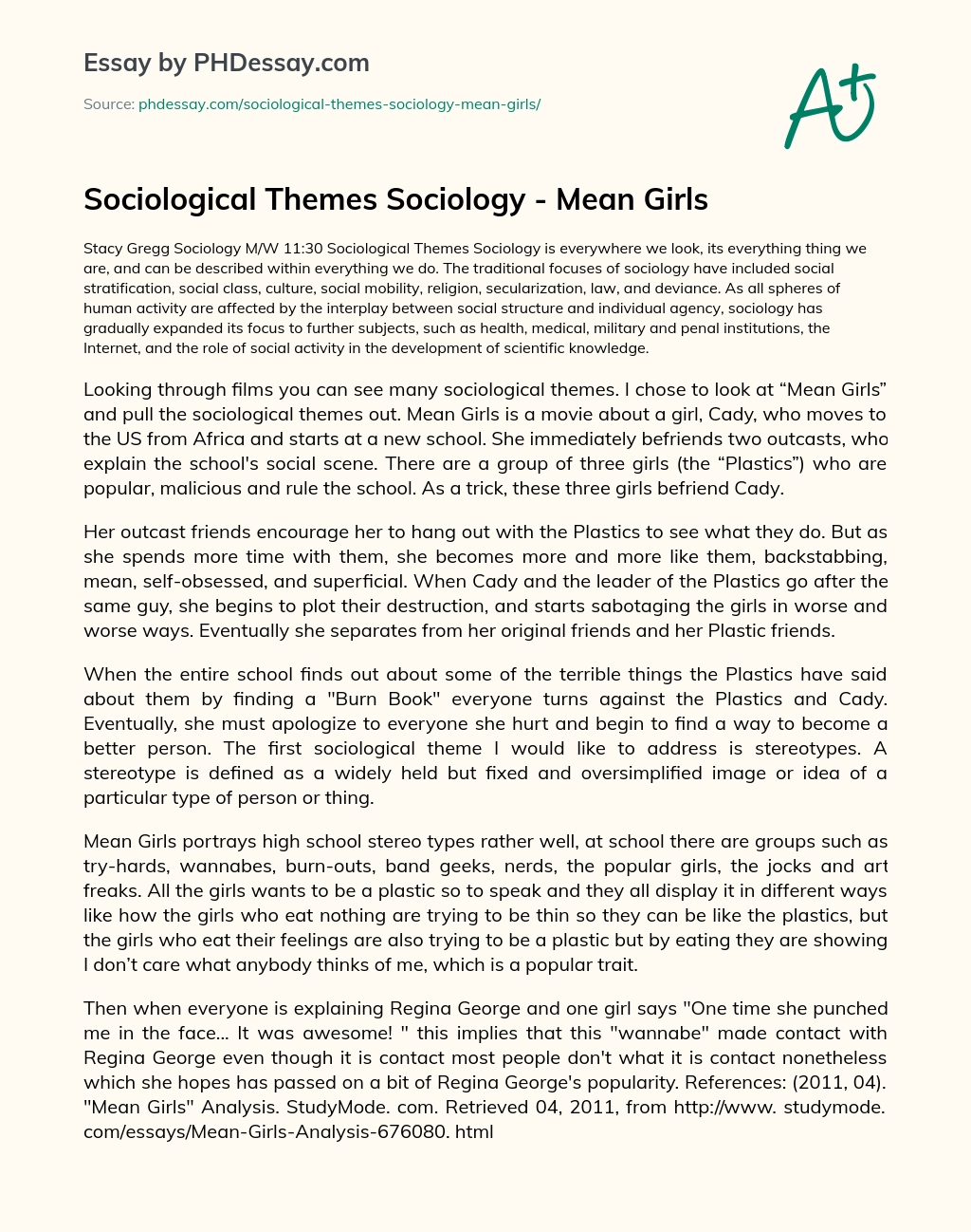Sociological Themes Sociology – Mean Girls essay