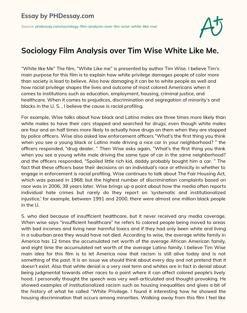 Sociology Film Analysis over Tim Wise White Like Me. essay