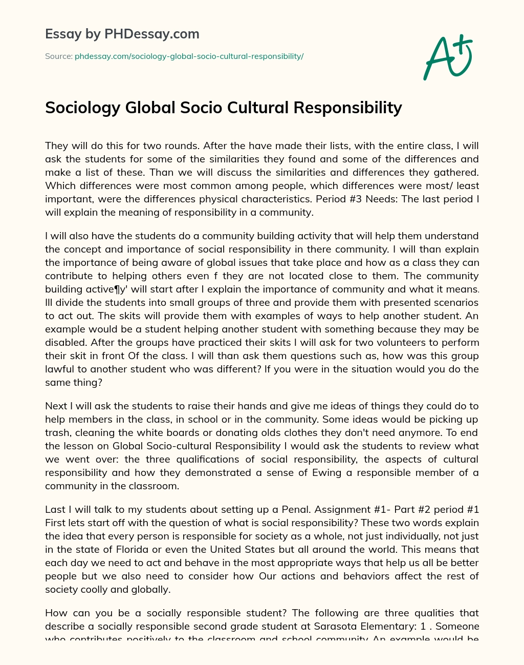 Sociology Global Socio Cultural Responsibility essay
