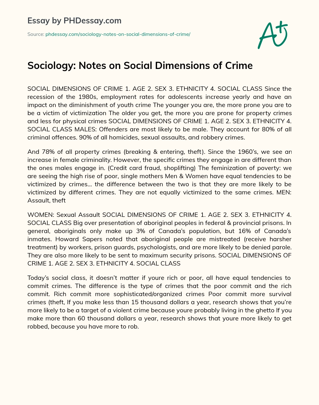 Sociology: Notes on Social Dimensions of Crime essay