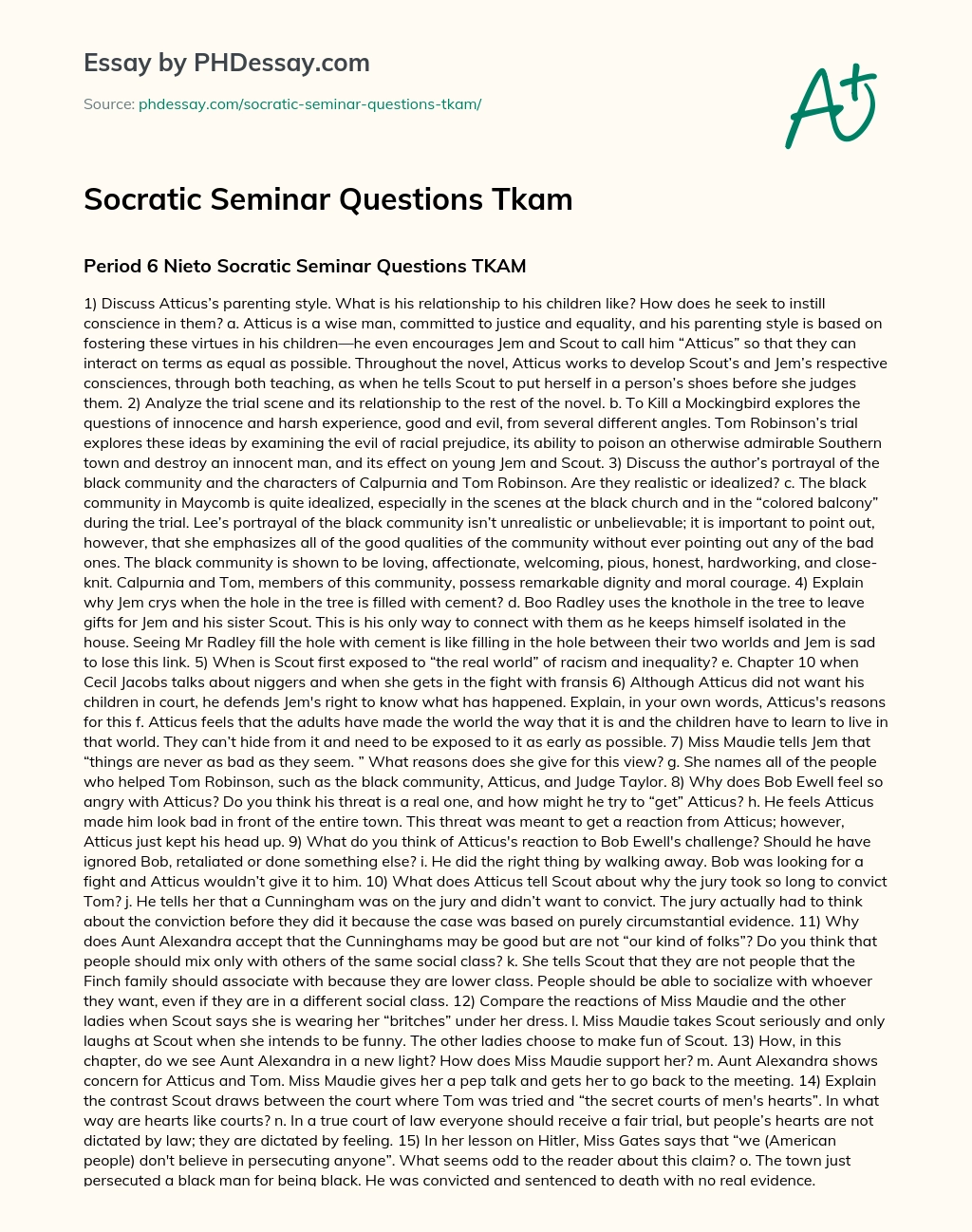 Socratic Seminar Questions Tkam Discussion Essay Example 