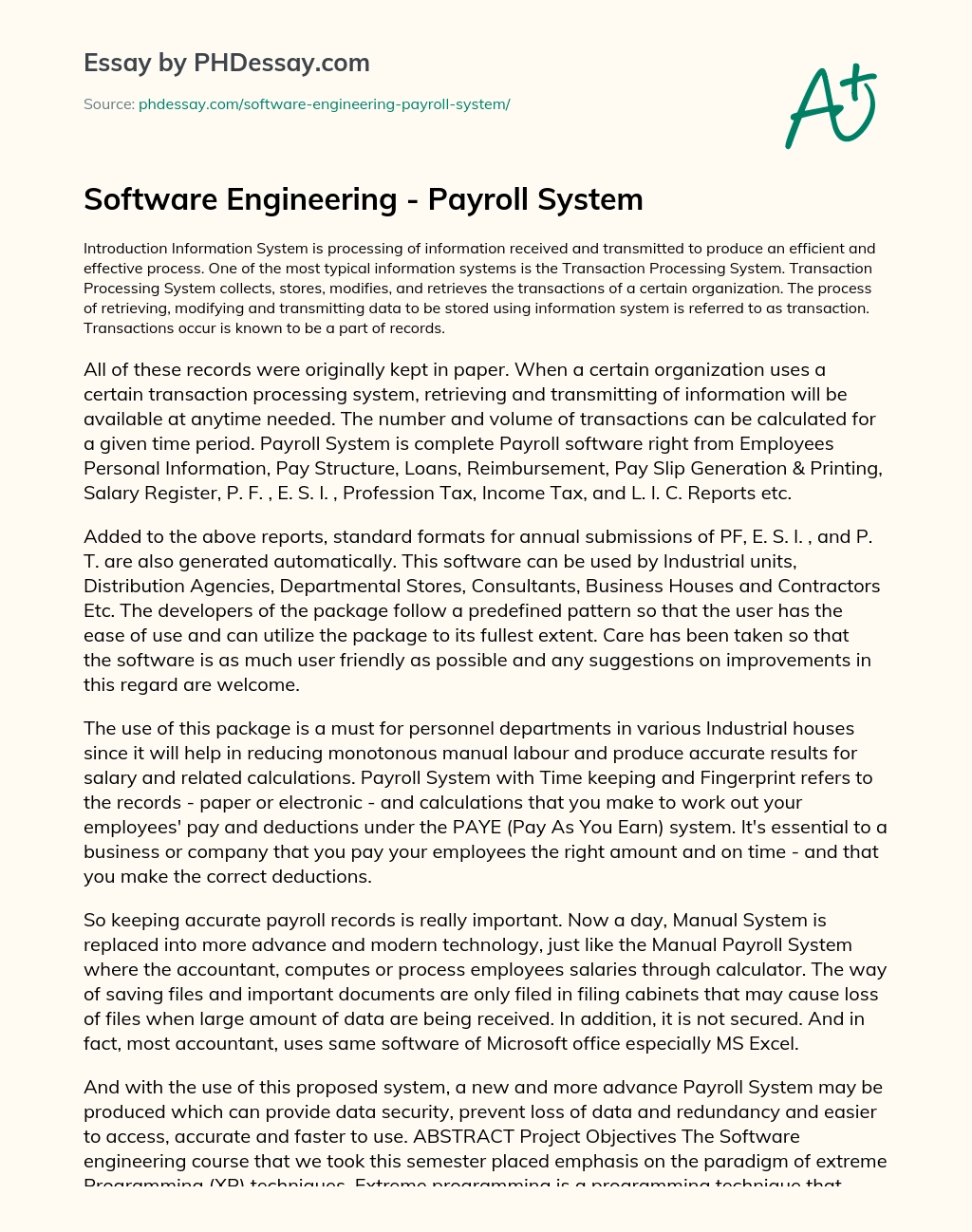 Software Engineering – Payroll System essay