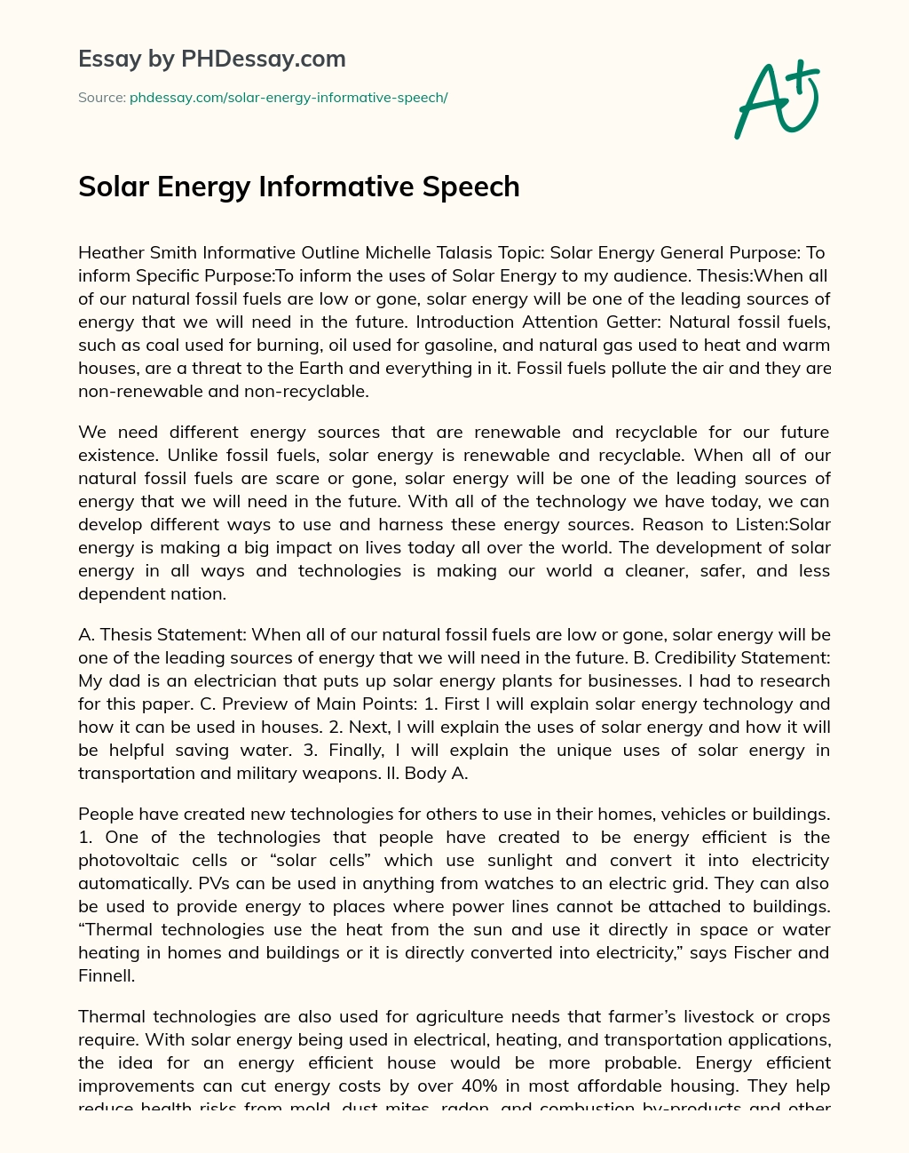 Solar Energy Informative Speech essay