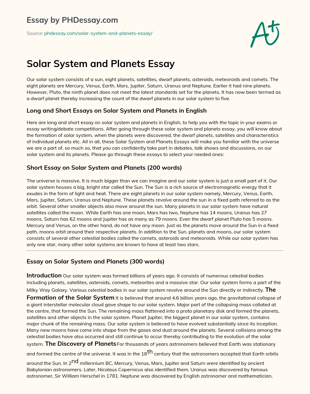 short note on solar system