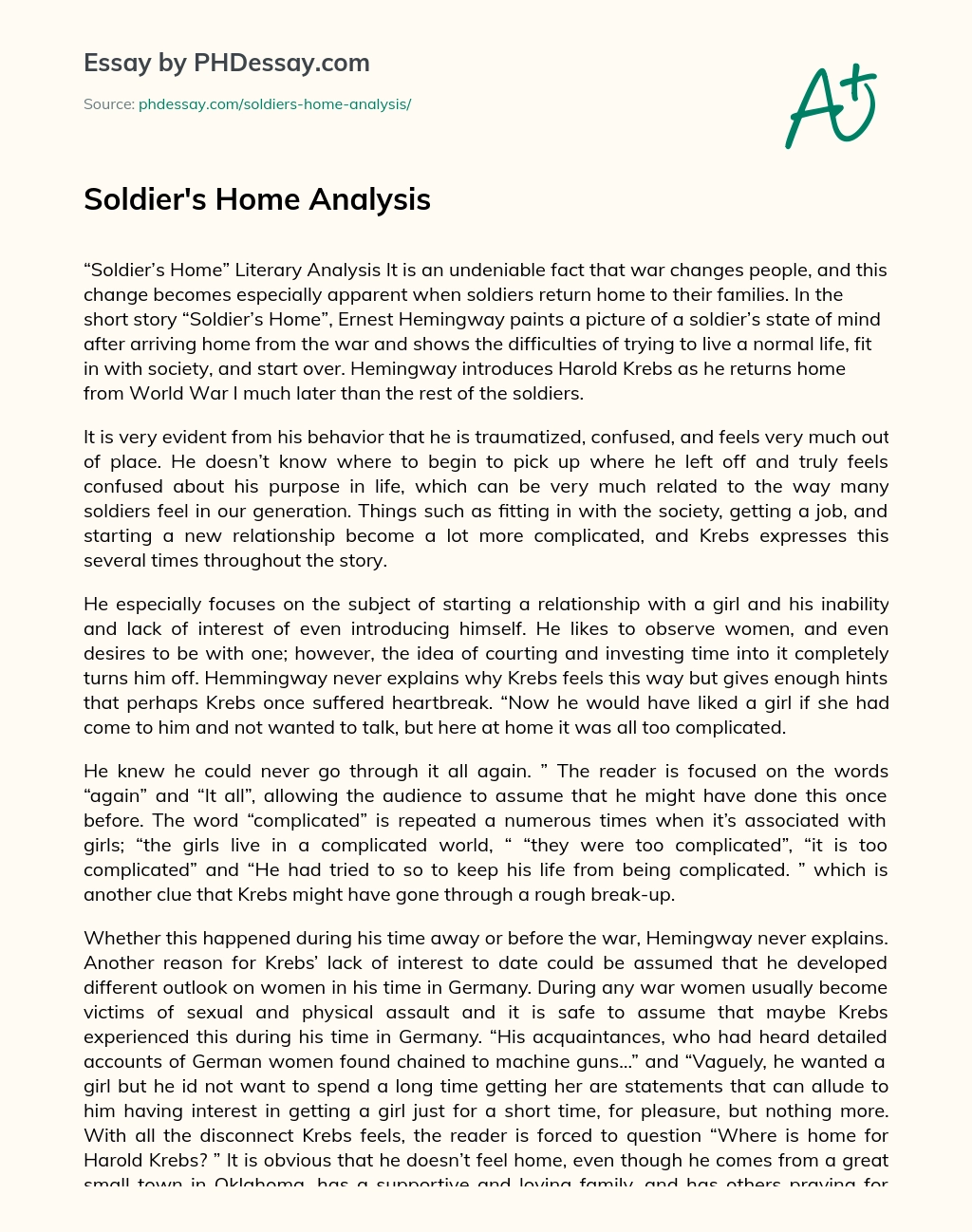 Soldier’s Home Analysis essay