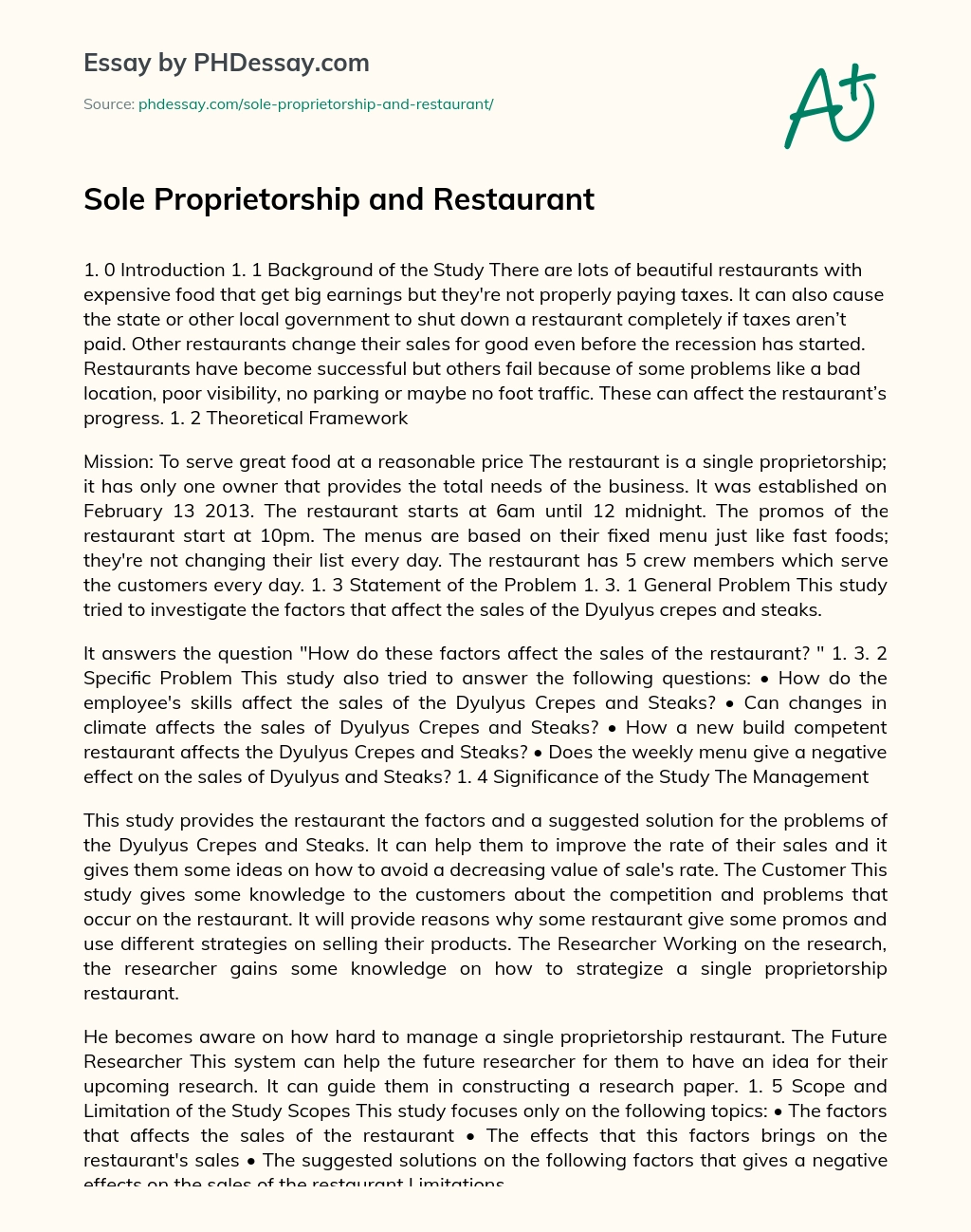 Sole Proprietorship and Restaurant essay