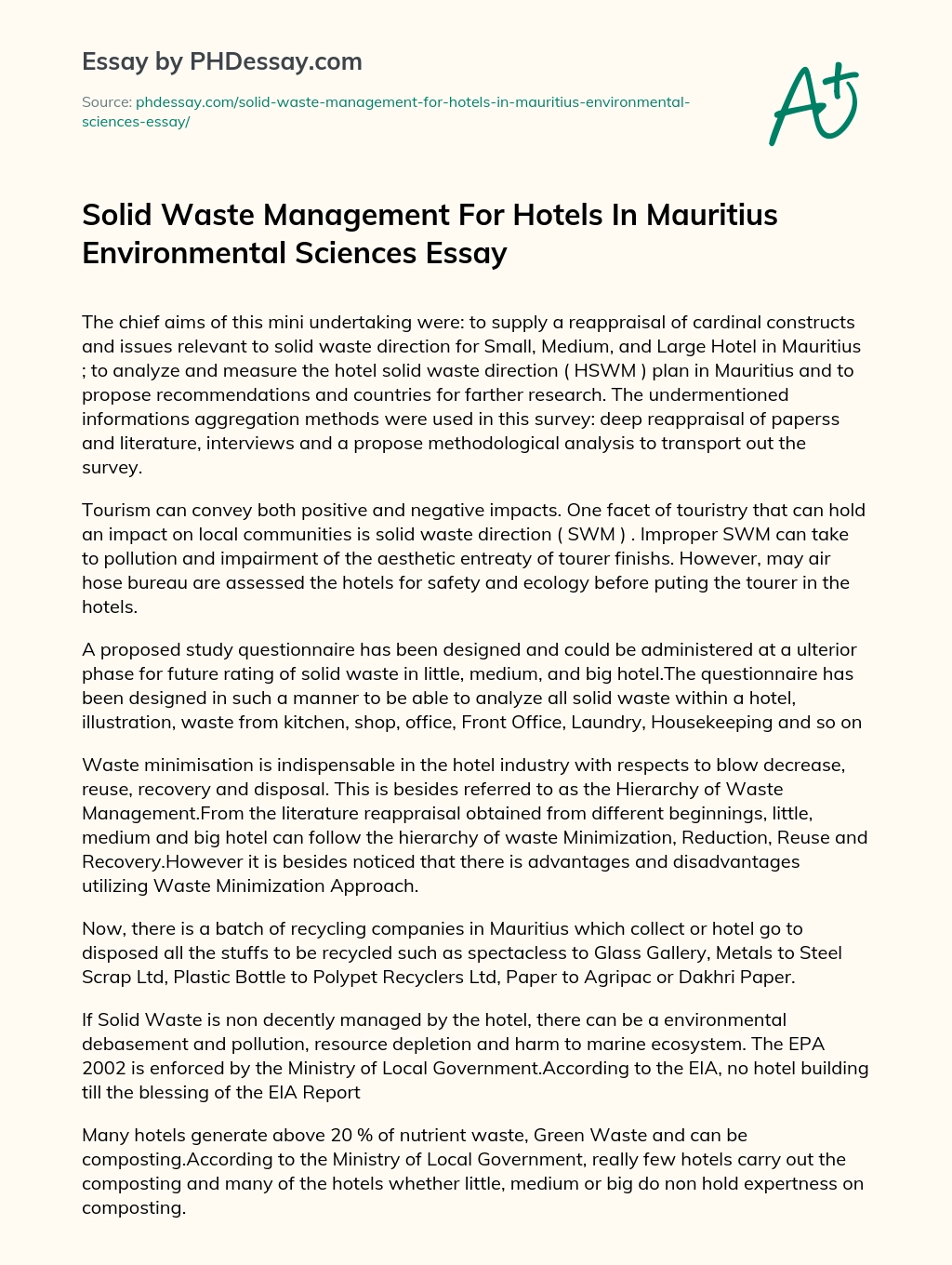 Solid Waste Management For Hotels In Mauritius Environmental Sciences Essay essay